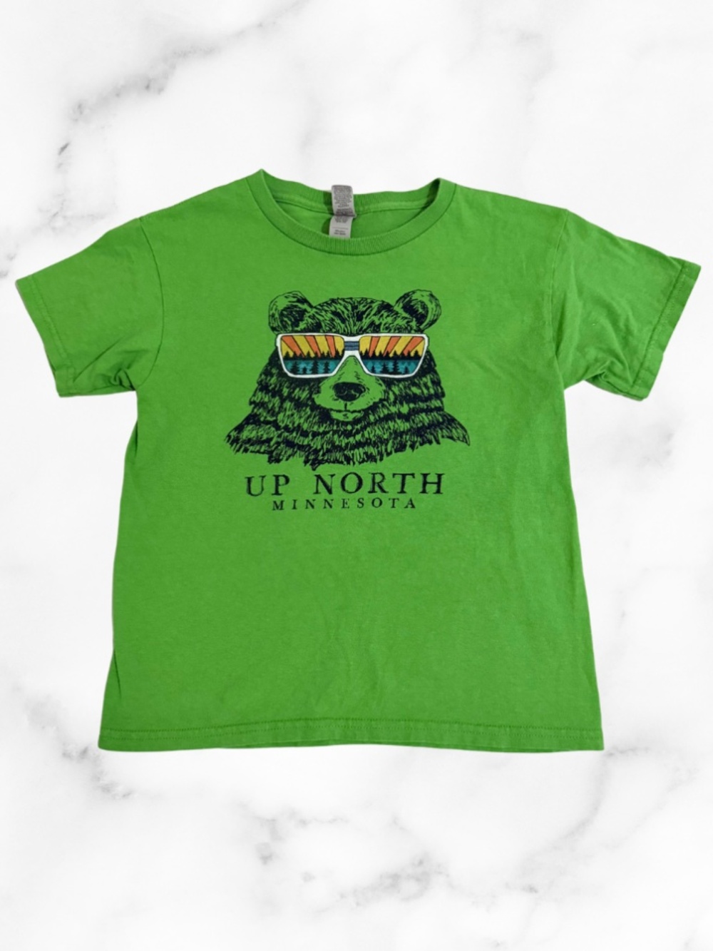 Kids Green T-Shirt with a Bear in Sunglasses and "Up North Minnesota" Below it